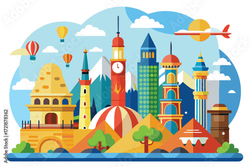 Colorful skyline featuring famous landmarks and hot air balloons in a playful landscape design