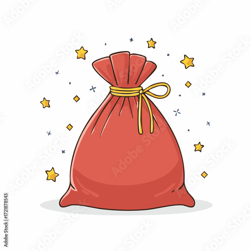 Festive Red Gift Sack with Golden Stars, Symbolizing Presents, Surprises, and Holiday Joy on a White Background