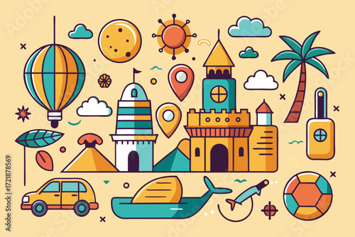 Colorful travel-themed illustration with hot air balloons, landmarks, and leisure activities