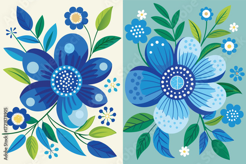 Colorful blue floral patterns displayed on a light background with various shades of blue flowers and leaves