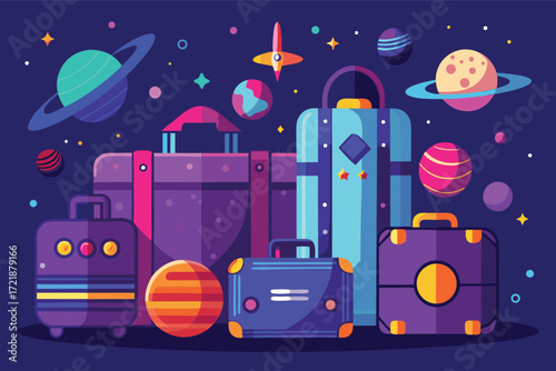 Colorful travel suitcases surrounded by planets and stars in a whimsical space setting