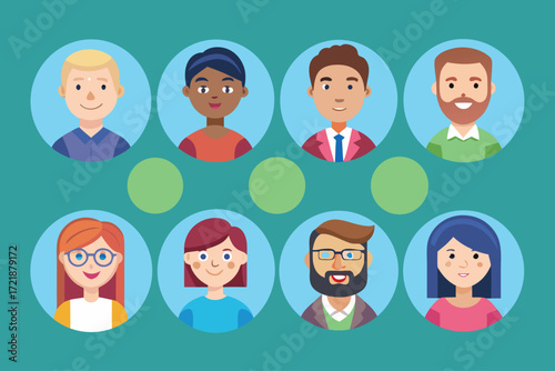 Diverse group of people in a friendly virtual meeting setting with bright colors and simple design