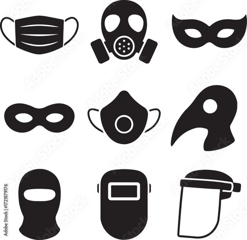 Nine black icons of masks and protective headwear including balaclava collection
