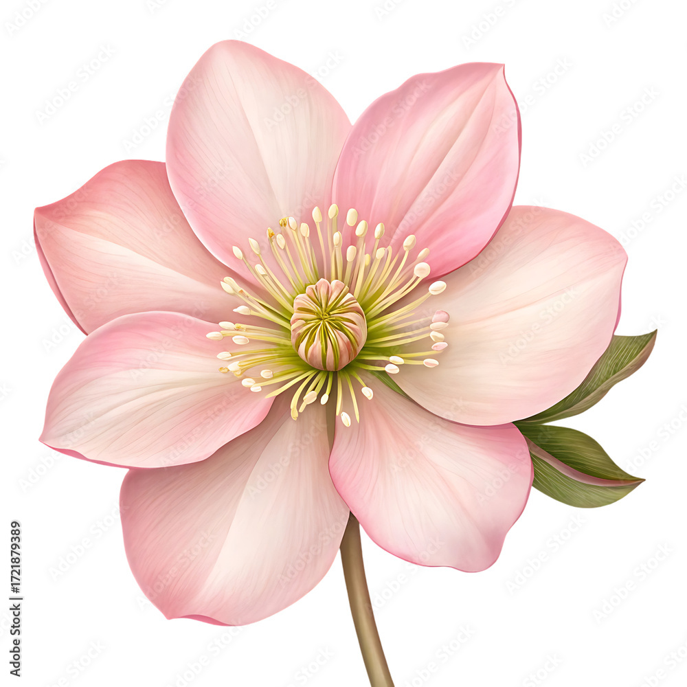 Obraz premium Delicate pink hellebore flower with green leaves and detailed stamen isolated on a transparent background