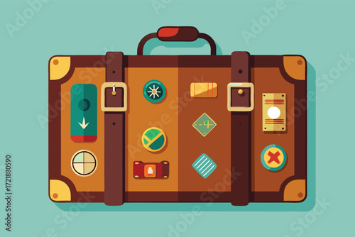 Vintage suitcase with travel stickers in a flat design style