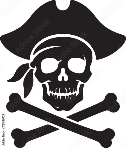 Pirate skull with bandana and crossbones in silhouette vector illustration