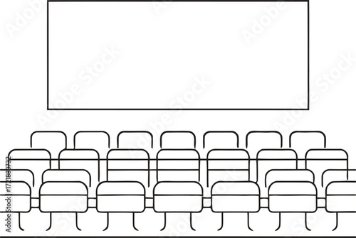 Empty cinema auditorium with blank screen and rows of seats