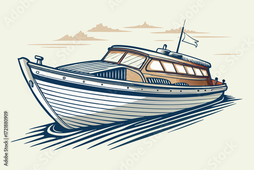Wooden boat gliding smoothly on calm water with gentle waves under a clear sky and subtle clouds