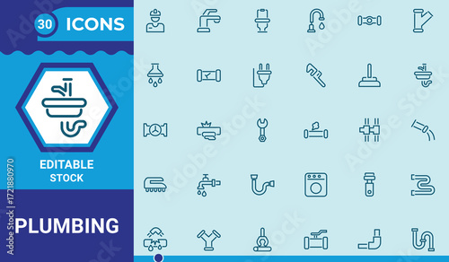 Plumbing liner icon set.Vector artwork and illustration.plumber, water,  shower, pipe,  lobar, service and more.Editable stroke.
