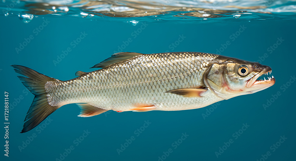 Fototapeta premium Freshwater traíra fish isolated on white background, elongated body with visible teeth 