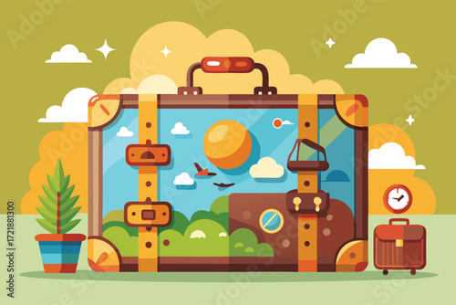 Colorful illustration of a suitcase showcasing a scenic landscape with clouds, plants, and travel essentials