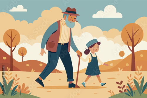 Grandfather and granddaughter enjoy a sunny walk in the countryside together on a bright day