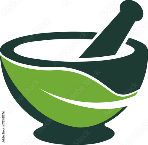 Mortar and pestle logo with a leaf design, symbolizing natural medicine and pharmacy