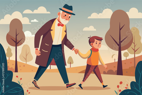 Elderly man and young boy walking hand in hand in a park during a sunny day