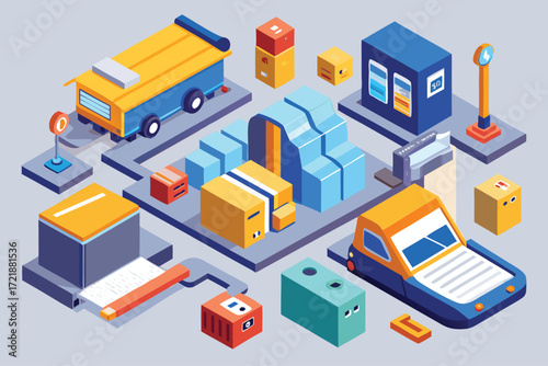 Delivery hub showcasing trucks, packages, and storage units in a busy logistics environment