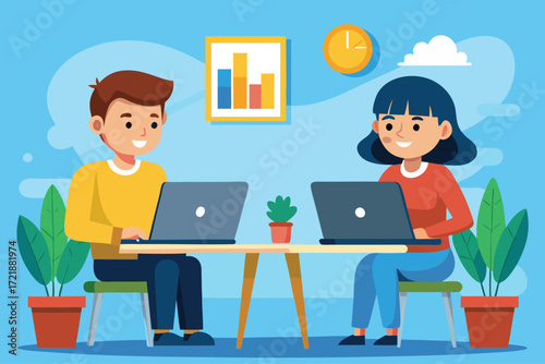 Two people working on laptops in a bright office space with plants and clock in a cheerful environment