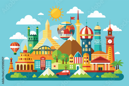 Colorful skyline showcasing famous landmarks from around the world with a bright blue sky