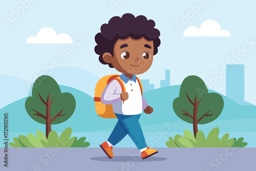 Young boy walks on a sunny day in a park, enjoying nature and his surroundings while carrying a backpack