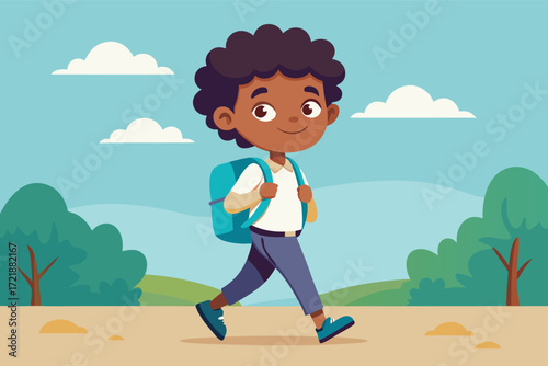 Happy child walking outdoors with backpack in a bright, cheerful landscape during a sunny day