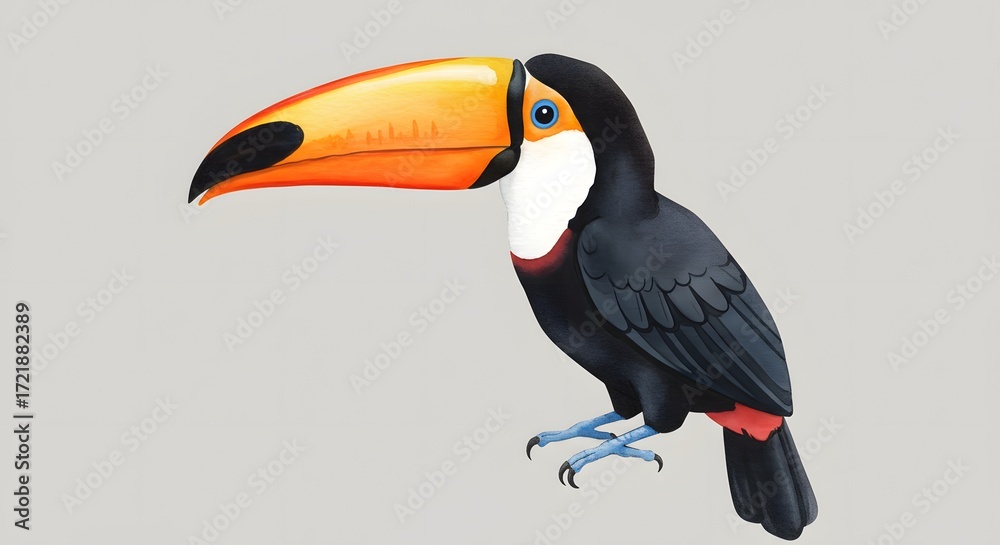 Naklejka premium Vibrant Toucan Bird with Large Orange Beak on Gray Background