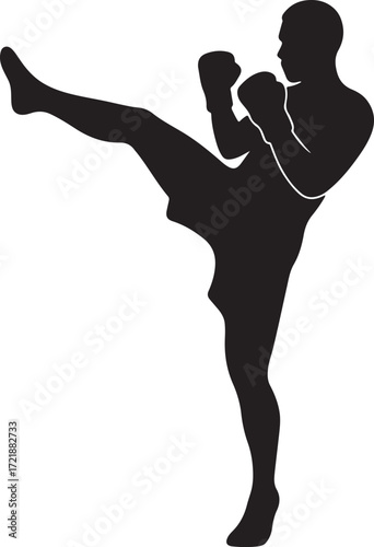 Silhouette of a male kickboxer performing a high kick on white background Keywords: kickboxer, silhouette