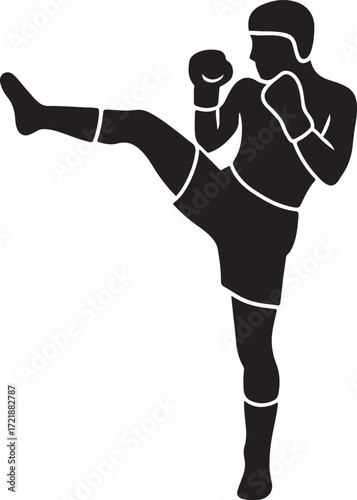 Silhouette of a kickboxer with helmet and leg raised in a fighting pose on white background Keywords