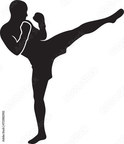 Silhouette of a male kickboxer with leg extended in a dynamic kick on white background Keywords: kickboxer