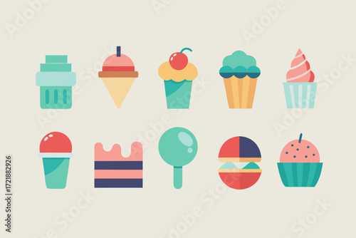 Vector illustration of ice cream and cupcakes set with cute dessert icons
