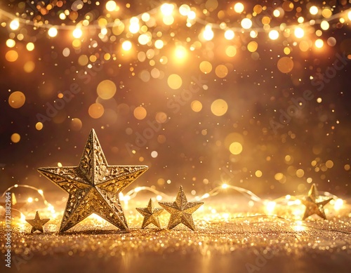 Golden holiday background with stars and lights