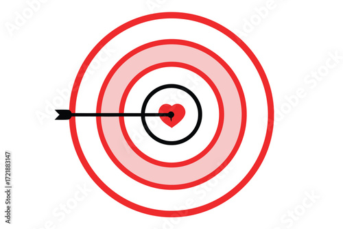 Red target with heart and arrow hitting the bullseye on white background love