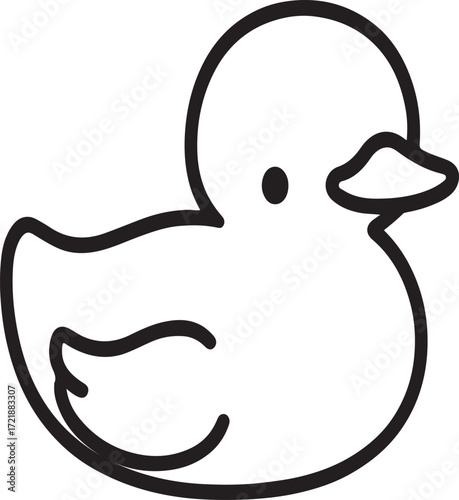 Simple black and white outline icon of a rubber duck Keywords: rubber duck, bath toy, child, baby, bath time