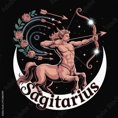 Centaur archer Sagittarius zodiac symbol with roses and arrows bow and arrow