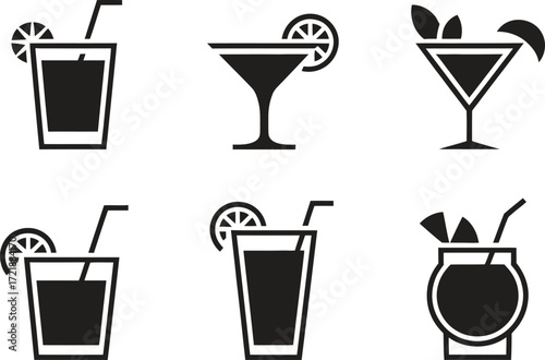 Collection of six black and white cocktail glass icons with garnishes