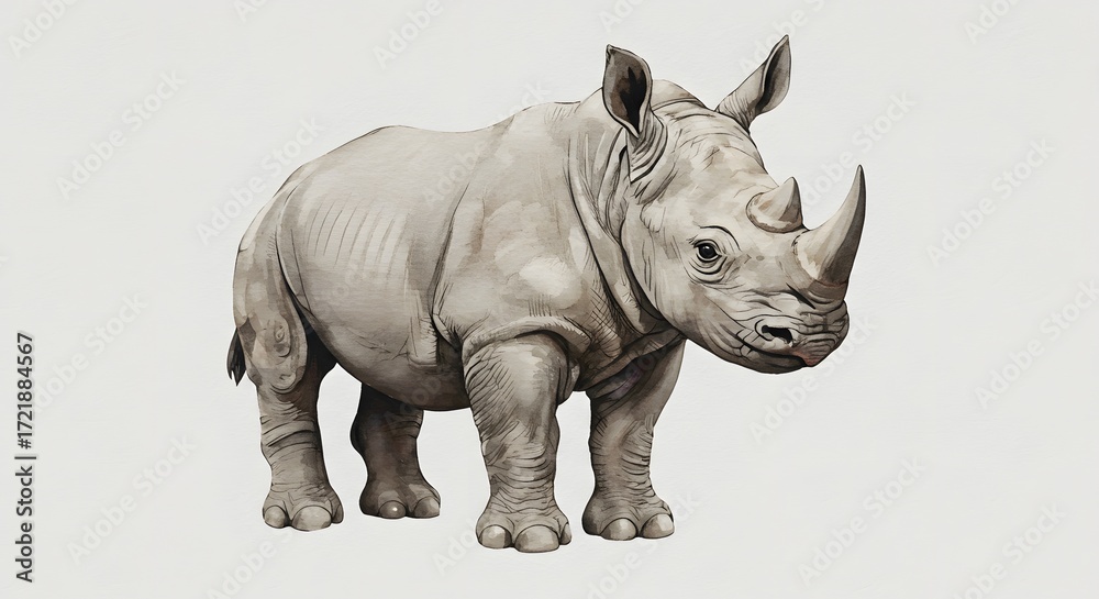 Fototapeta premium Watercolor Illustration of a Majestic White Rhinoceros Standing
