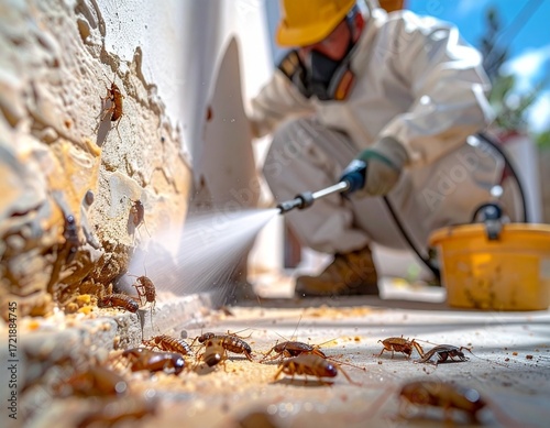 A pest control worker wearing protective gear and gloves is spraying termite treatment