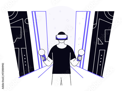 Person wearing vr headset and holding controllers, immersed in virtual reality, vector illustration