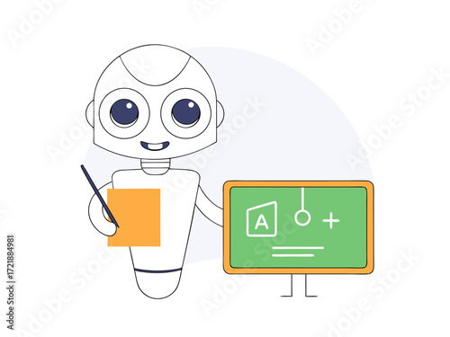 Robot holding a pointer and a tablet with educational symbols, teaching vector illustration