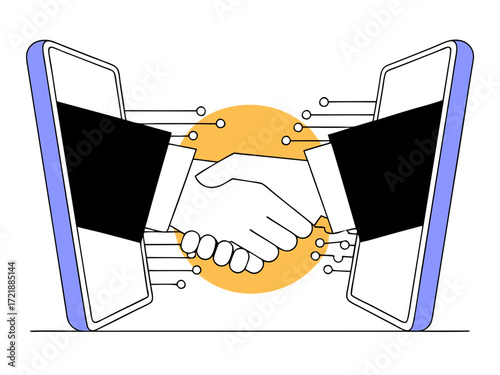 Two hands shaking through smartphone screens, symbolizing digital agreement and online business deal vector illustration