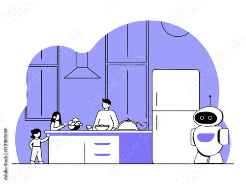 Family in a modern kitchen with a robot assistant, preparing food together, showcasing smart home technology vector illustration