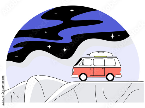 Vintage camper van parked on a hill under a starry night sky with aurora borealis vector illustration