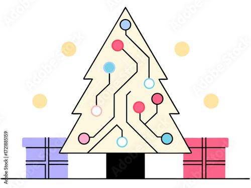 Christmas tree made of circuit board with colorful lights and gift boxes, vector illustration