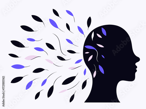 Silhouette of a human head with leaves blowing away vector illustration