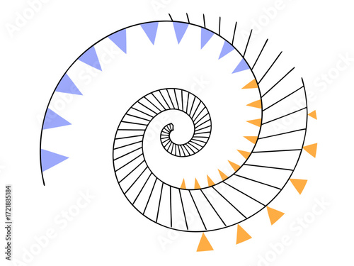 A black and white spiral with blue and orange triangular markers, vector illustration