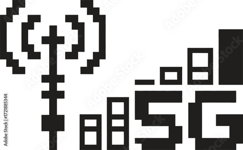Pixel art 5g signal tower and bars icon representing wireless communication