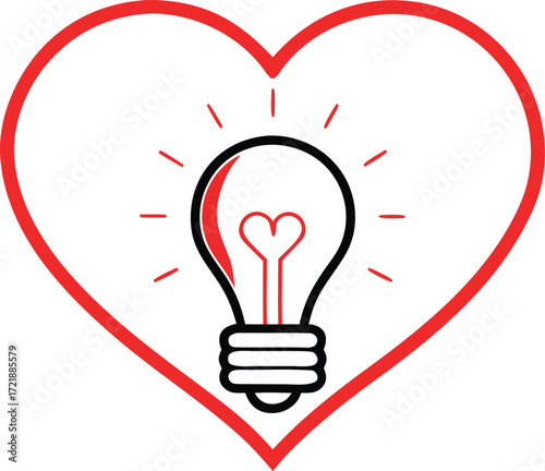 Light Bulb with Heart Filament Inside Heart Outline on Black Background idea innovation