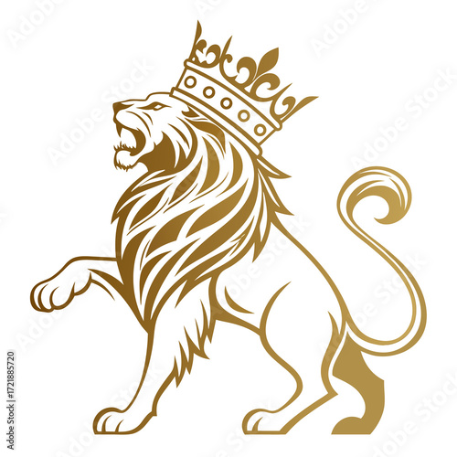 Golden lion roaring with a crown isolated on white background, majestic and regal