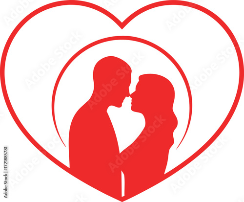 Couple Silhouettes Kissing Inside Heart Outline on Black Background love romance