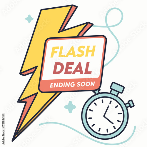 Flash deal announcement with lightning bolt and stopwatch illustration promoting limited time offer and urgent purchase decision for online sales