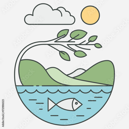Abstract illustration of a scenic landscape featuring water, mountains, and a fish, with minimalist design