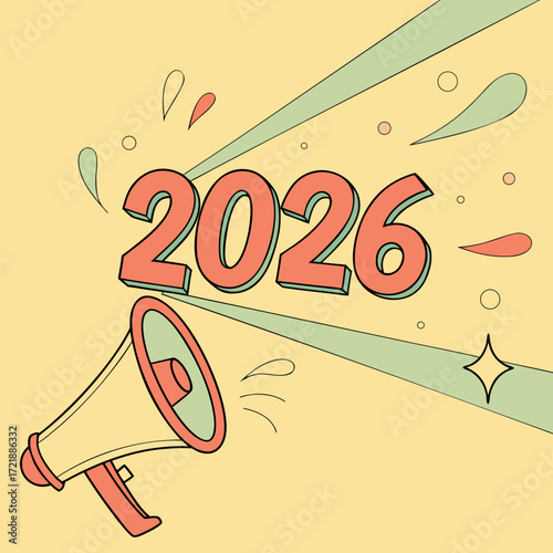 Announcing the arrival of 2026 with a retro megaphone design and vibrant colors to celebrate the new year and future opportunities ahead for all